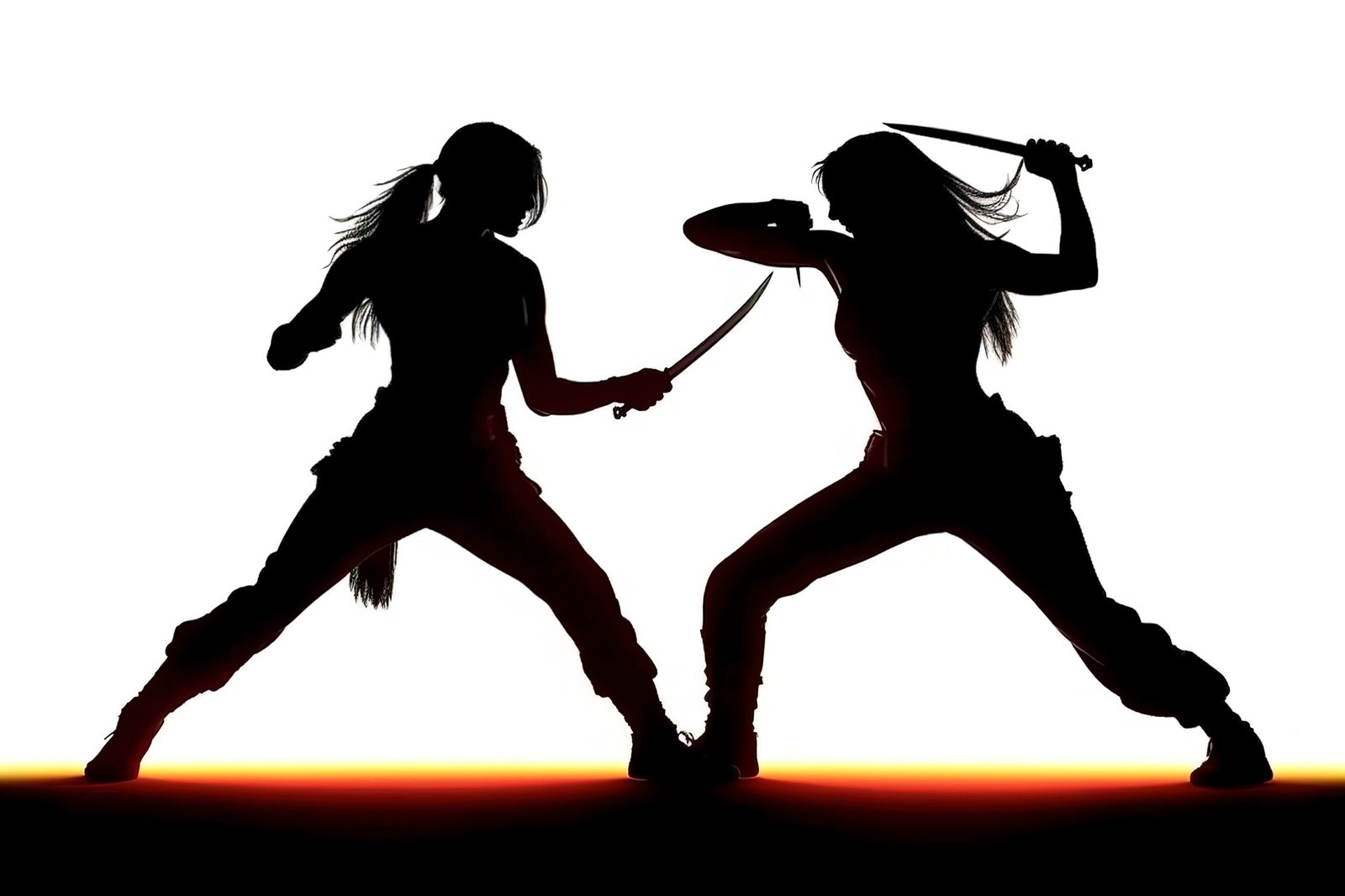 Silhouette of two female ninjas fighting. Backlit. Cinematic. Epic. Maximum quality and detail. 8K --chaos 100 --ar 3:2 --stylize 1000 --v 5.1 Job ID: 3a45b06e-6dba-47a3-9264-e03574a4ea70