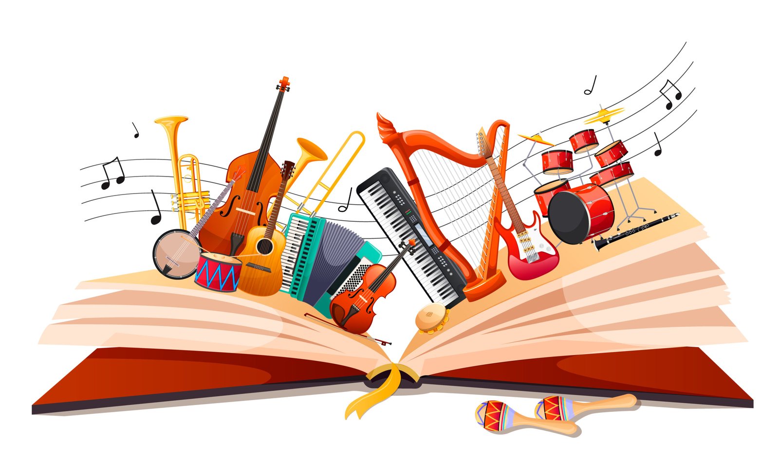 Magical story book with musical fairy tale. Opened book with different classical music instruments. Fantasy storybook or textbook adout jazz orchestra. Music fest poster or banner. Vector illustration