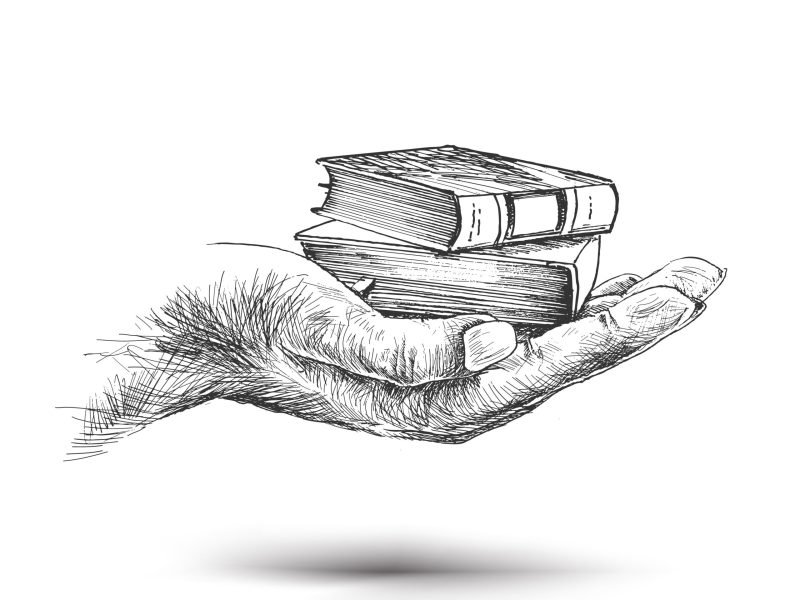 Hand hold Stack of books isolated on white, Hand Drawn Sketch Vector illustration.