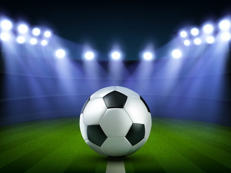 Soccer ball on stadium, football arena with glowing spotlights and green grass, banner template for tournament or teams competition advertising, bookmaker promo, Realistic 3d vector illustration