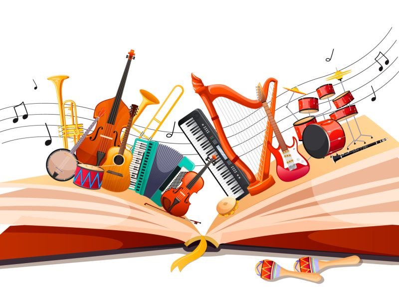 Magical story book with musical fairy tale. Opened book with different classical music instruments. Fantasy storybook or textbook adout jazz orchestra. Music fest poster or banner. Vector illustration